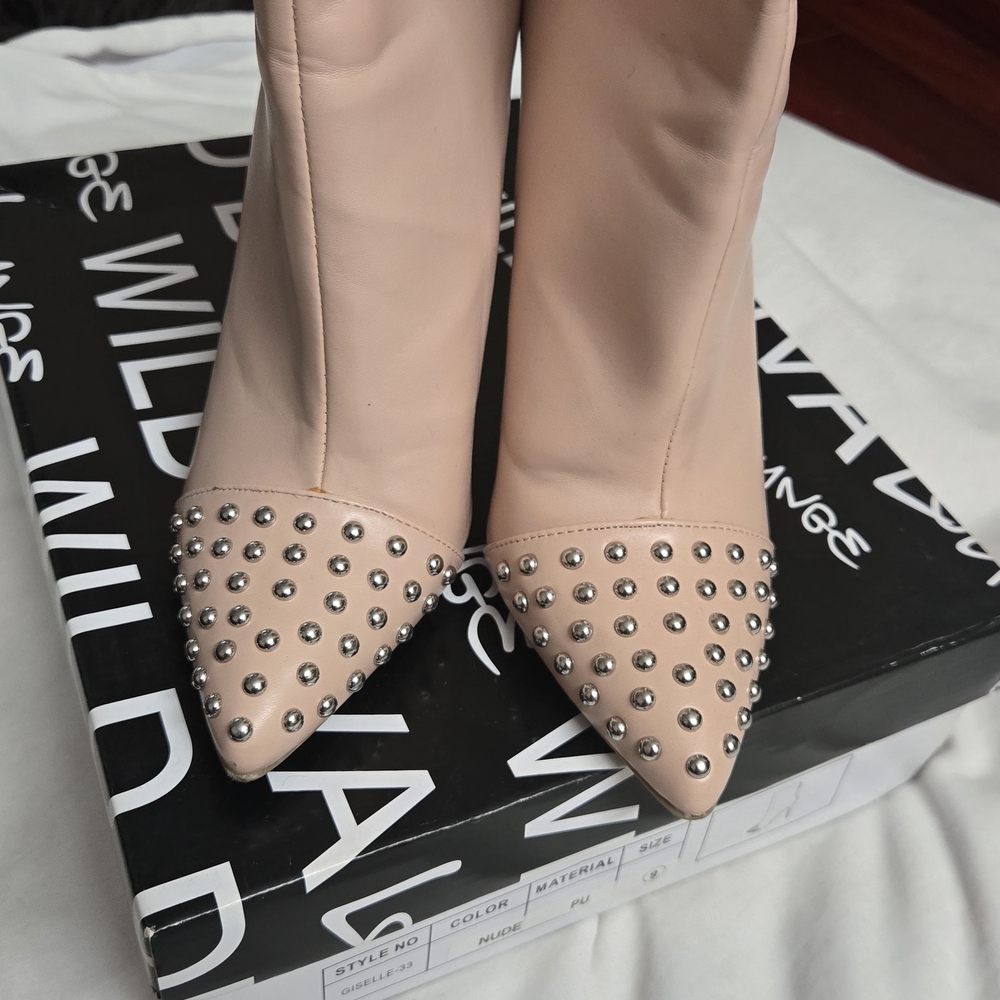 Wild Diva Blush Pink Studded Pointed Toe Heeled Boots